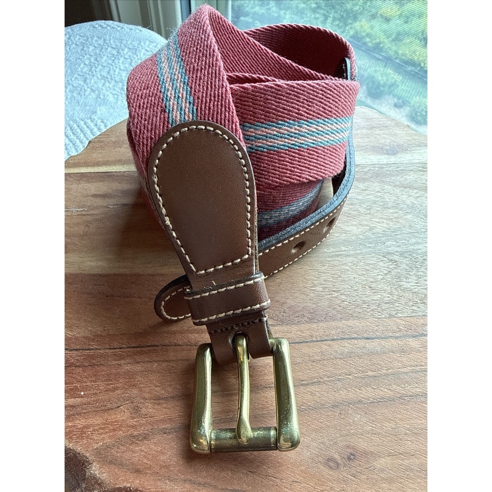 Dooney & Bourke Sz 34 Red Striped Wool Leather Brass Surcingle Belt Preppy USA